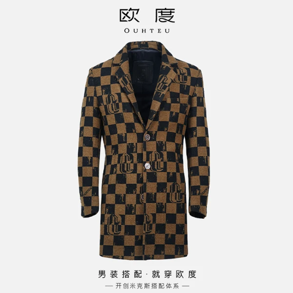 OUHTEU/欧度绵羊毛大衣棋盘格印男士时尚轻奢修身冬季咖啡色4222