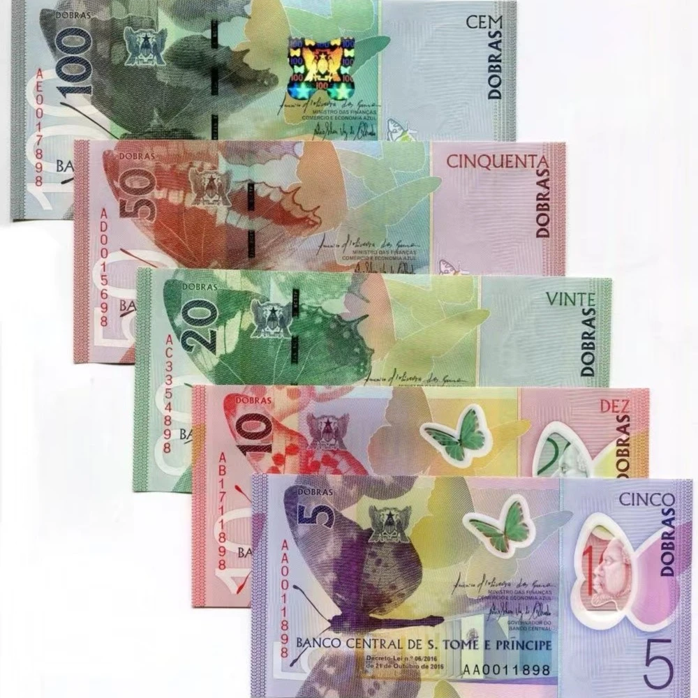 全新 圣多美和普林西比5张套（5-100多布拉） 塑料钞 非洲外币