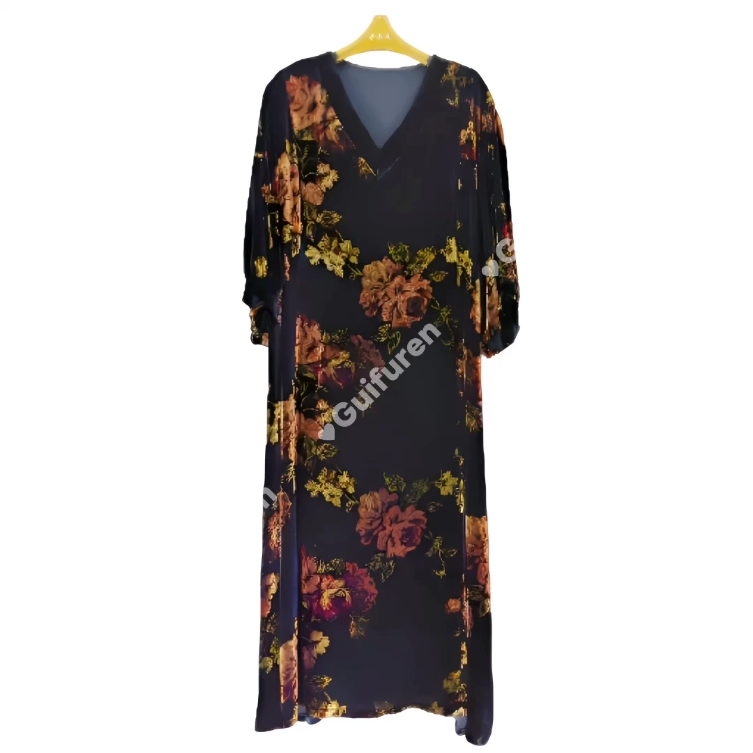 贵妇人2024秋季新款轻奢真丝桑蚕丝丝绒细腻亲肤顺滑大码连衣裙