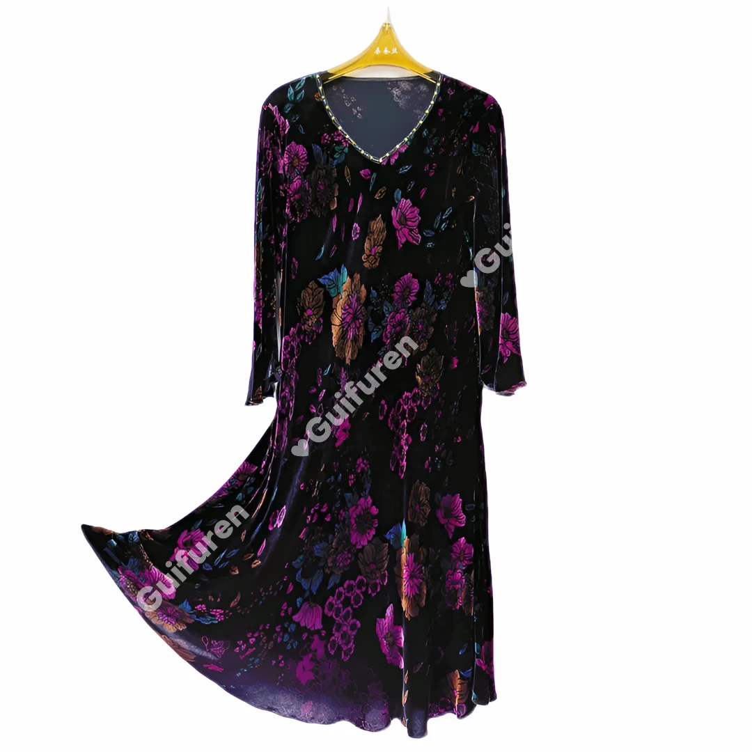 贵妇人秋季新款真丝桑蚕丝丝绒细腻亲肤顺滑中老年大码连衣裙