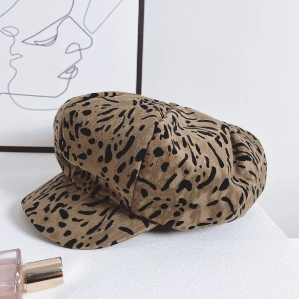 经典复古豹纹八角云朵帽个性时尚百搭显脸小贝雷帽