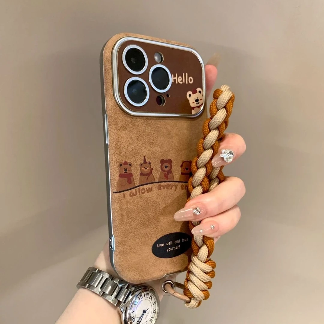 大视窗五只小熊适用于16Promax手机壳苹果15全包14复古13棕色软壳