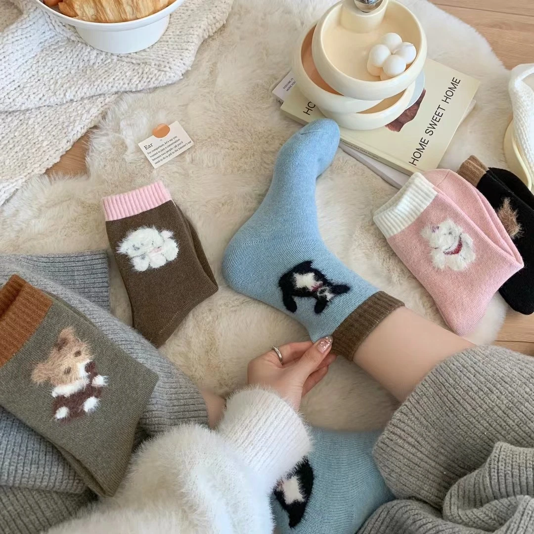 256号【炸毛小狗羊毛毛圈】女高筒貂绒小狗加厚冬款5双