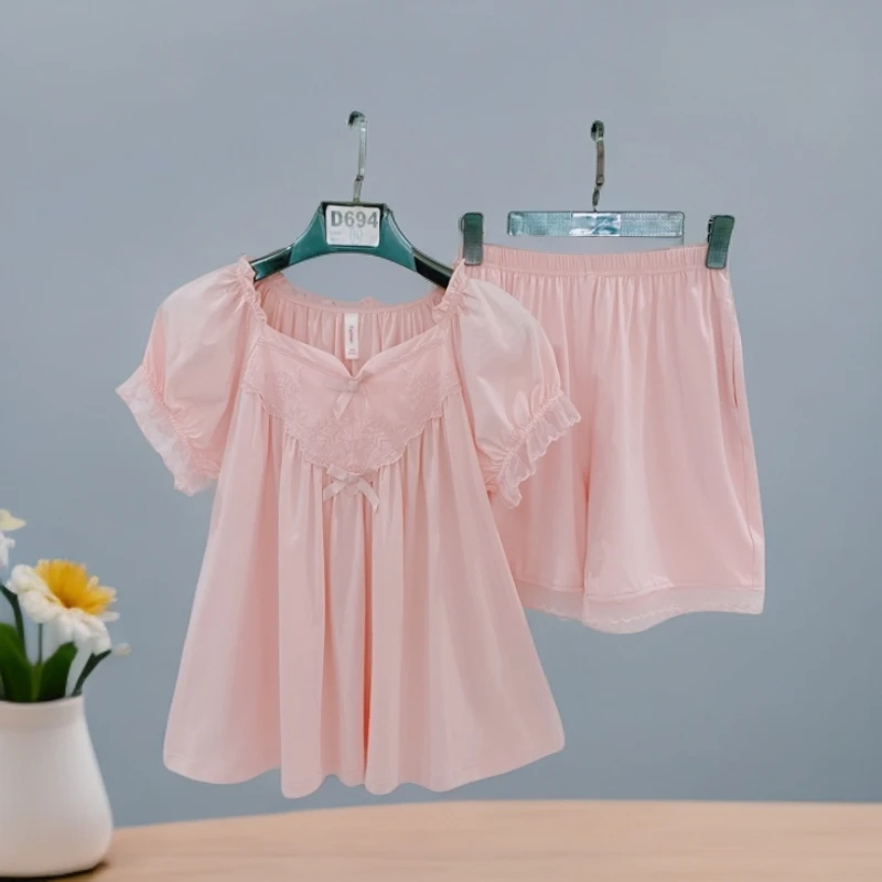 夏天短袖套装新款公主风薄款女士宽松大码夏季短款家居服套装1939