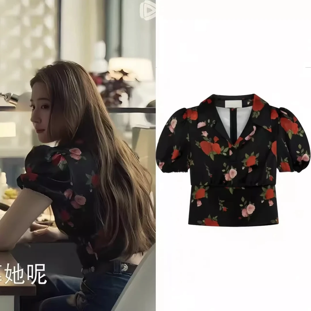玫瑰的故事黄亦玫刘亦菲黑色印花泡泡短袖衬衫法式短款高腰上衣女