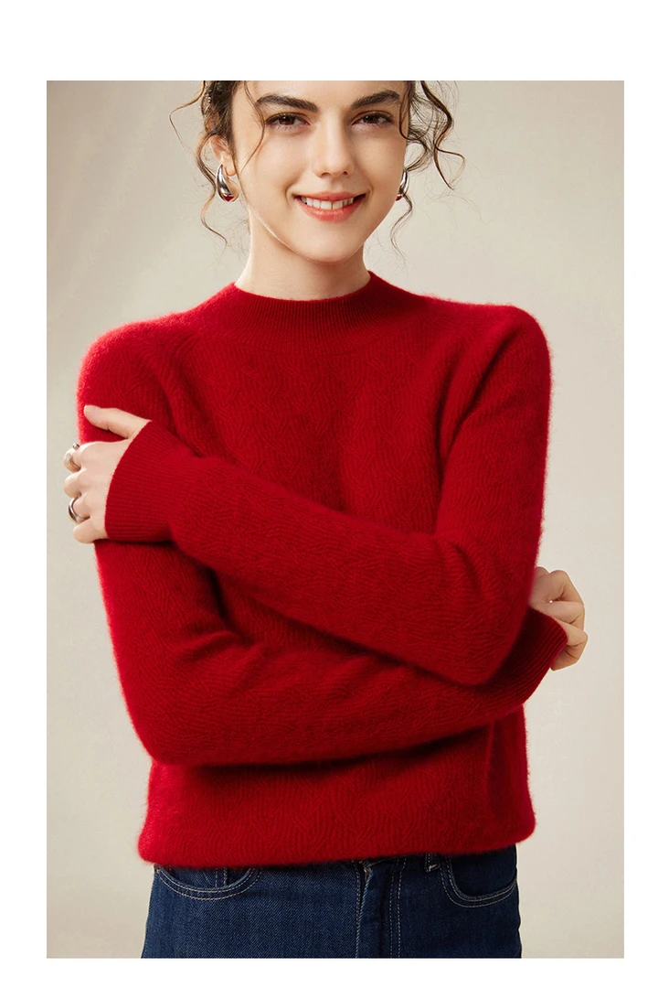 S828 女士插肩全身绞花半高领100%山羊绒针织衫百搭休闲气质外穿