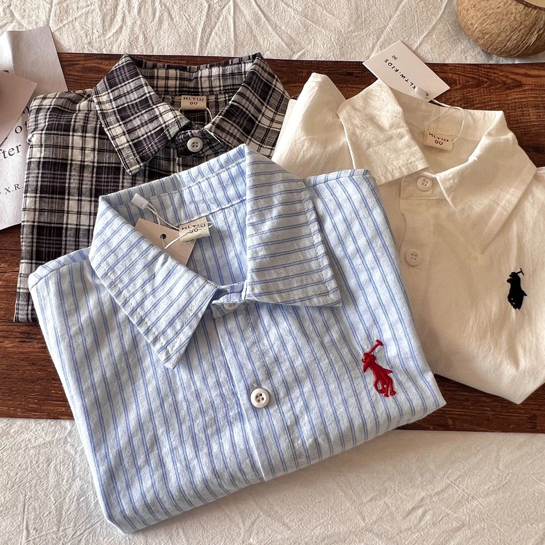 儿童格子衬衫2025新款男童上衣宝宝白色衬衫女打底防晒潮