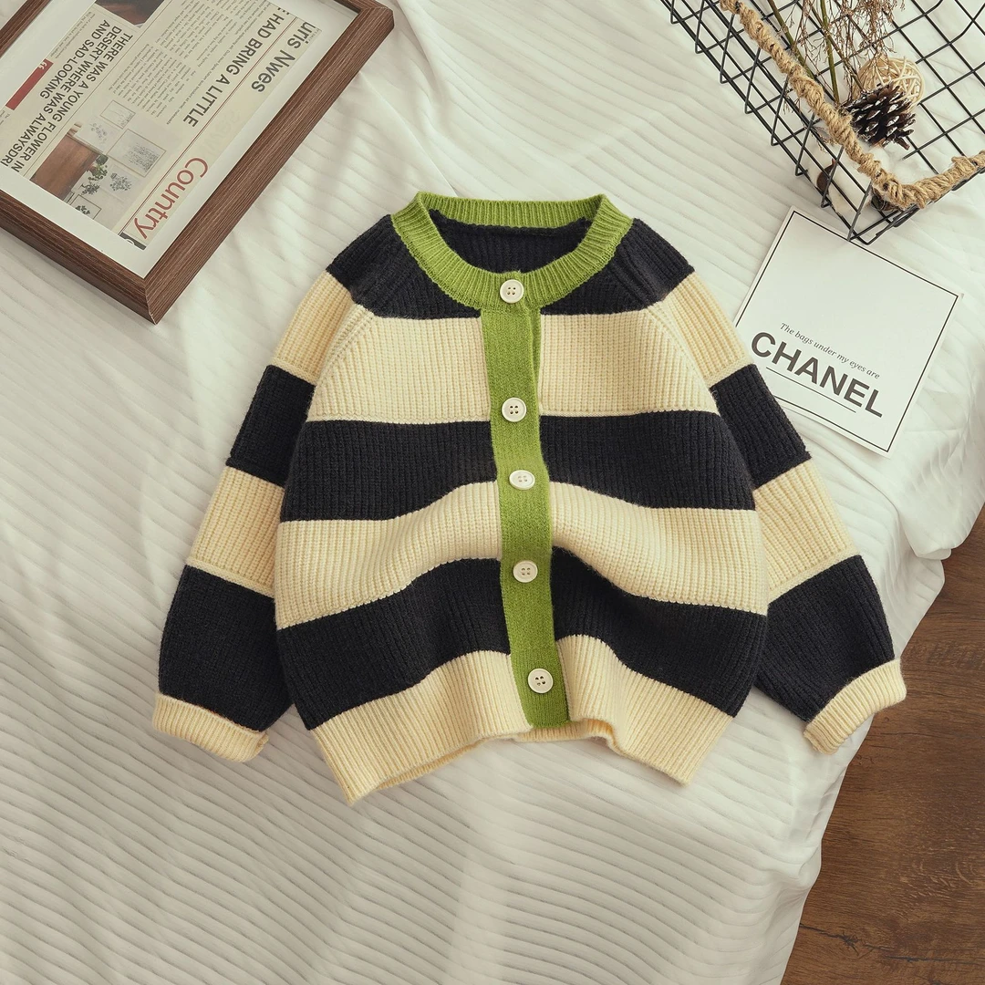 2024秋冬新款儿童针织衫开衫男女童洋气百搭毛衣外套童装条纹开衫