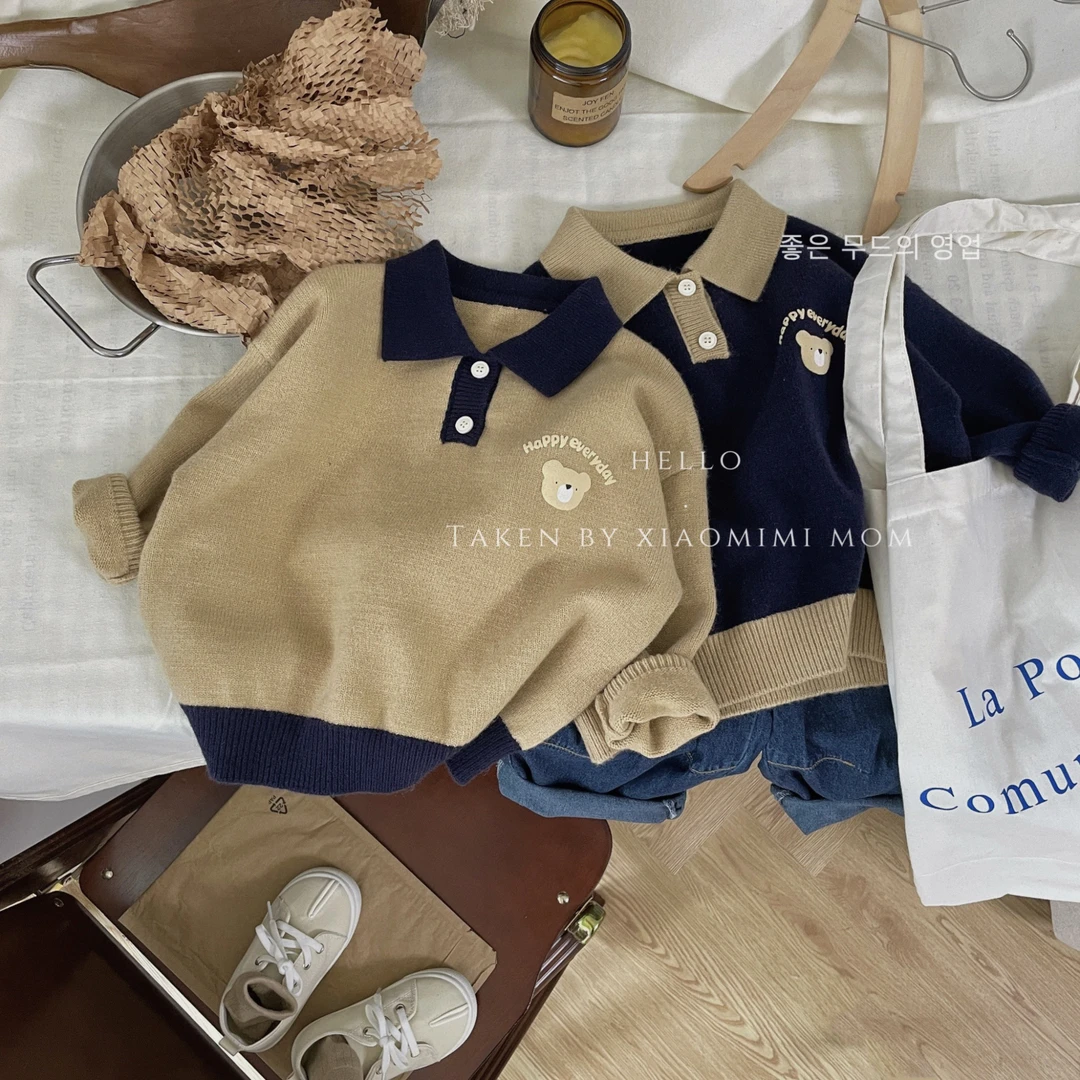 2025春季新款韩版印花森系宽松毛衣男女童针织POLO领洋气潮童童装