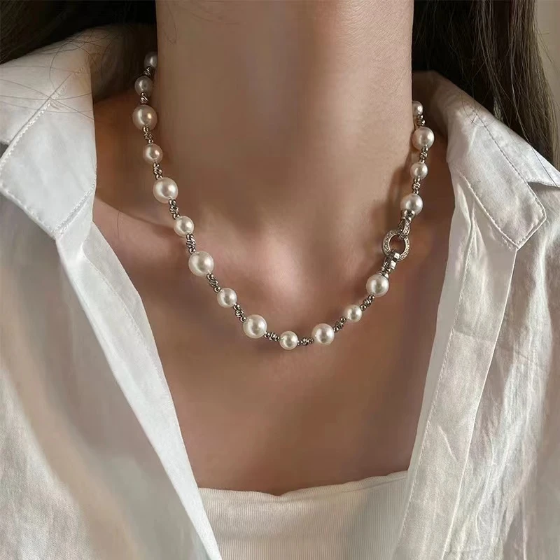 铜合金项链 毒饰高定   高端经典OT扣大小混合白珠珠项链CCB034