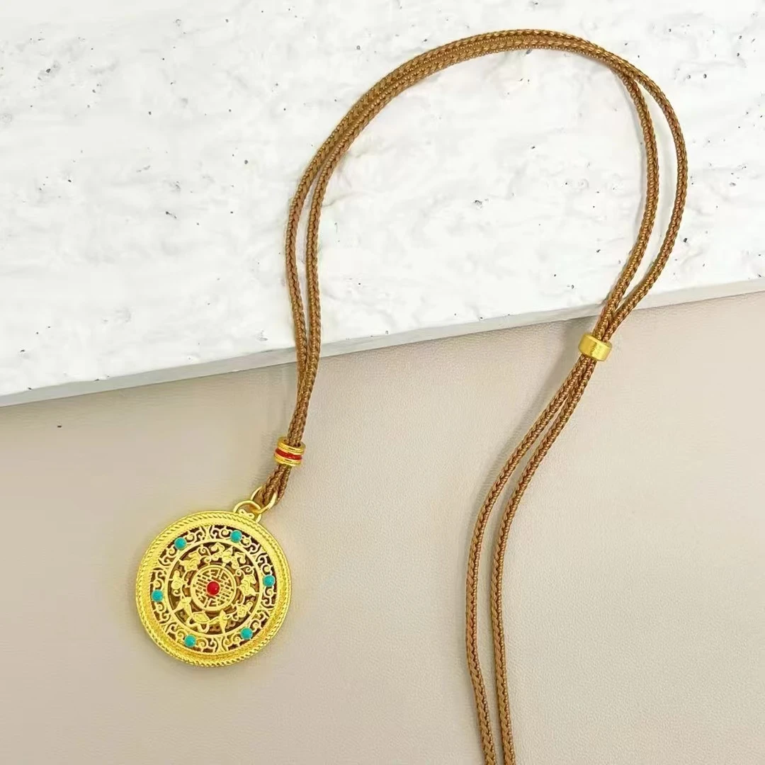 铜合金布艺项链 毒饰高定    精致卡其色编织绳金色圆盘项链PZ001