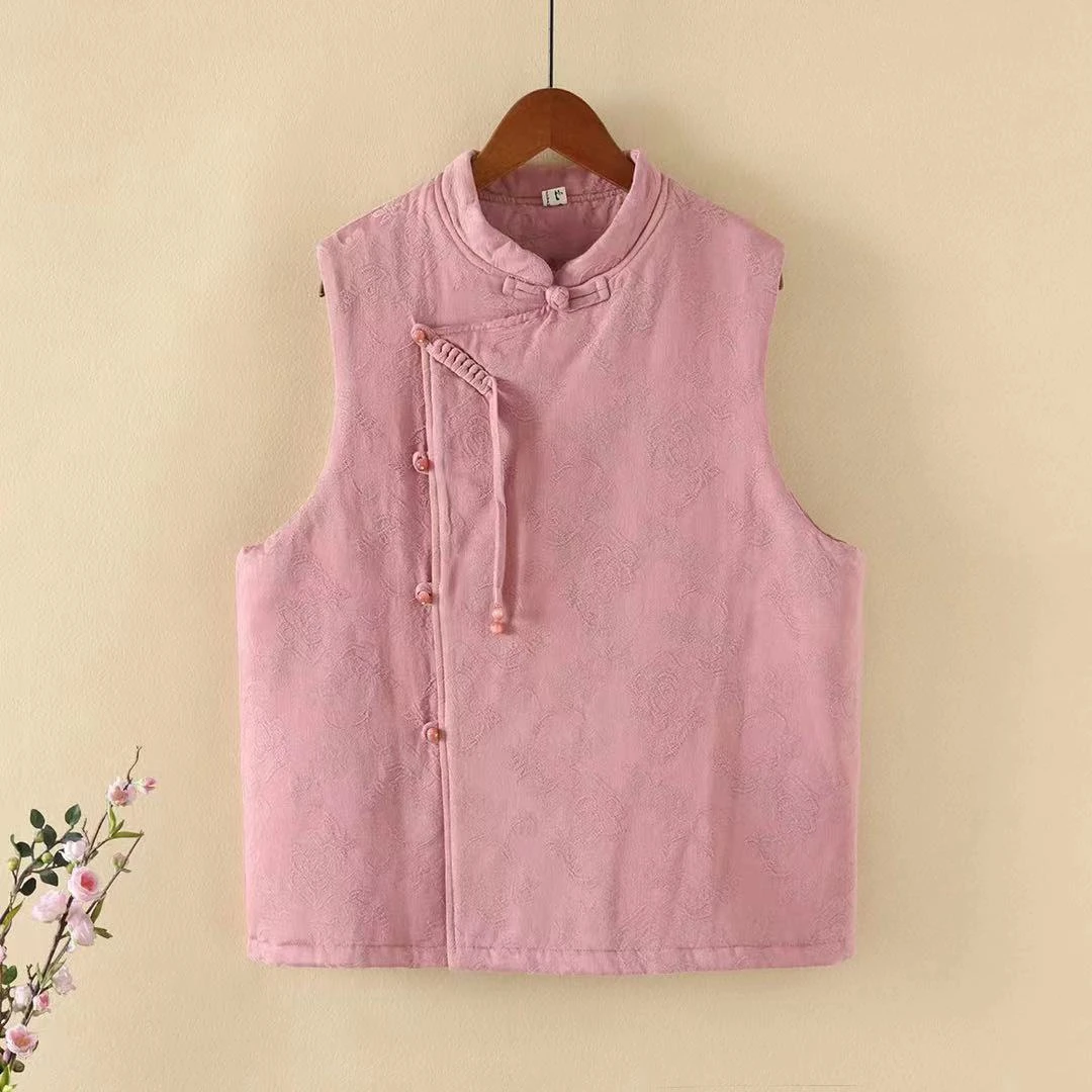 冬装新款中式国风加棉加厚马甲立领提花复古文艺保暖马夹11-5-01