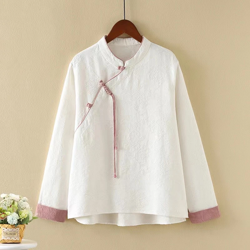 秋装新款中式复古提花盘扣长袖国风文艺上衣女02-21-02