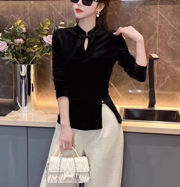 2023秋冬国风丝绒国潮新中式领口盘扣下摆开叉半高领打底衫上衣