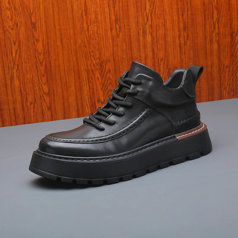 头层牛皮秋冬高帮鞋男真皮复古英伦厚底户外休闲工装鞋休闲板鞋