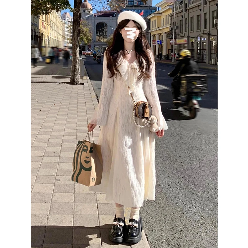 法式仙女裙冬季连衣裙加绒保暖甜美荷叶边蕾丝裙收腰a字裙长裙子