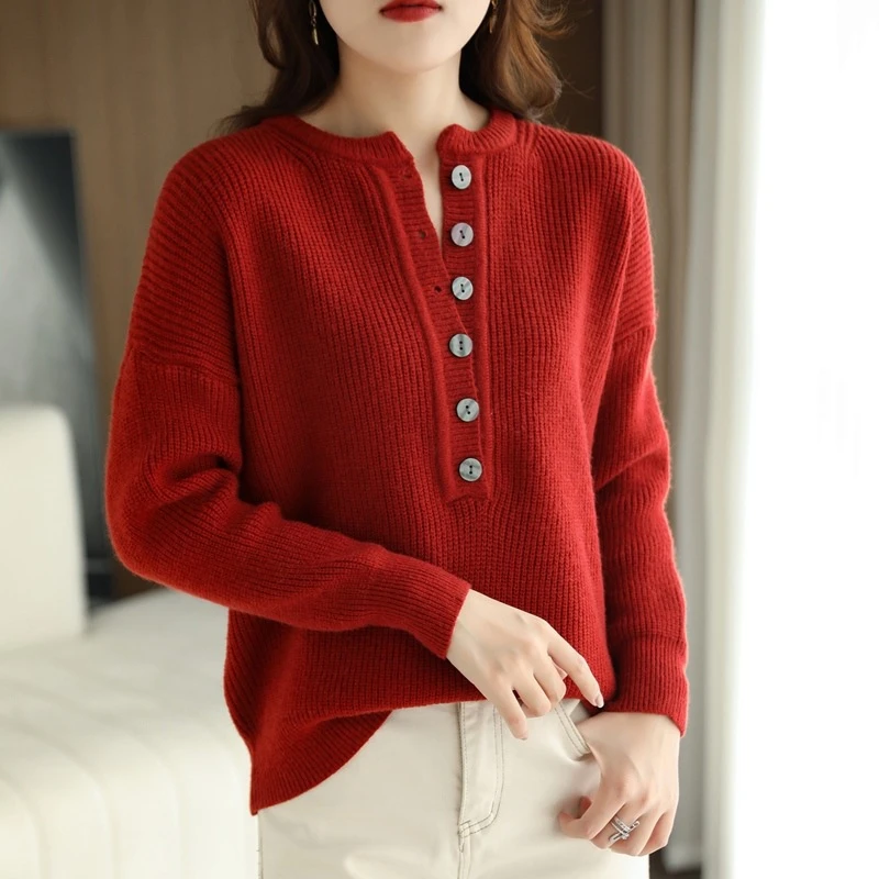 2024秋冬新款半开领毛衣外套女韩版宽松时尚圆领针织打底衫女潮流