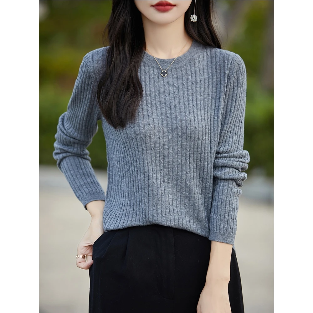 24秋冬新款长袖针织衫女圆领套头短款上衣坑条高级感打底衫韩版女