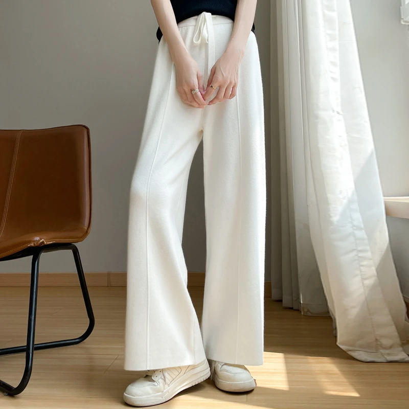 阔腿裤女宽松白色外穿垂坠感长裤秋冬高腰拖地安迪绒针织直筒裤子