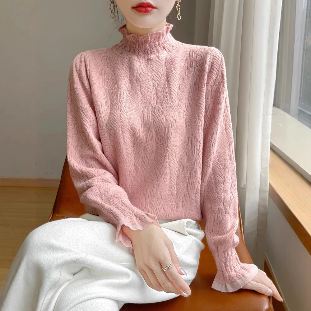 24新款法式木耳边针织打底衫女秋冬新款百搭半高领长袖内搭毛衣女