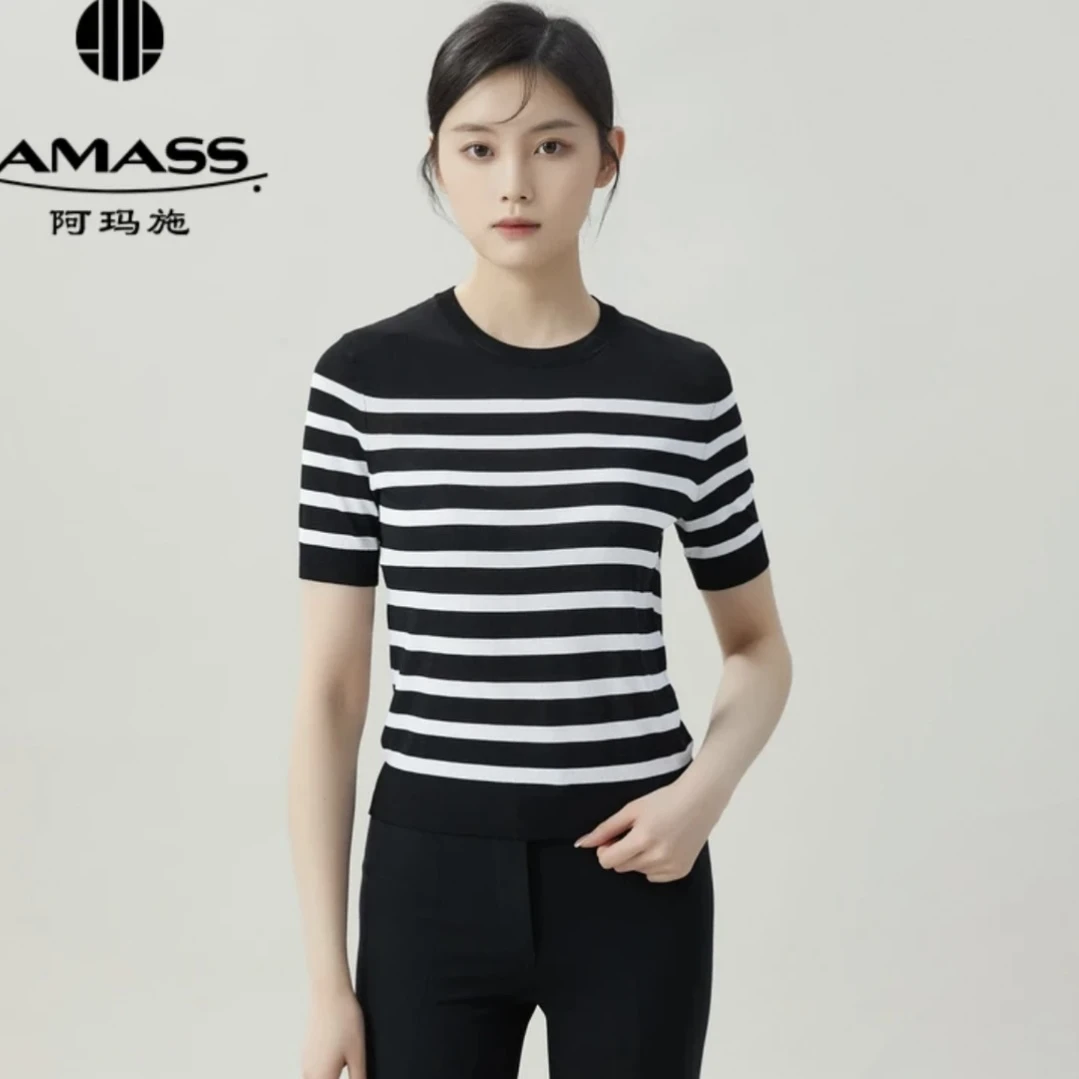AMASS/阿码施 显瘦t恤夏季半袖时尚百搭条纹冰丝短袖5399611宽松