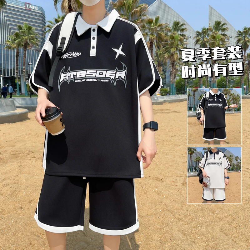 夏季韩版时尚潮流宽松户外两件套帅气青少年学生翻领短袖短裤套装