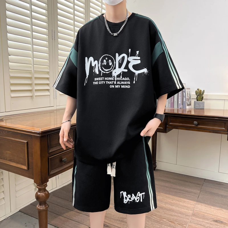 2024夏季新款青少年休闲时尚短袖套装男士潮流港风宽松短裤两件套