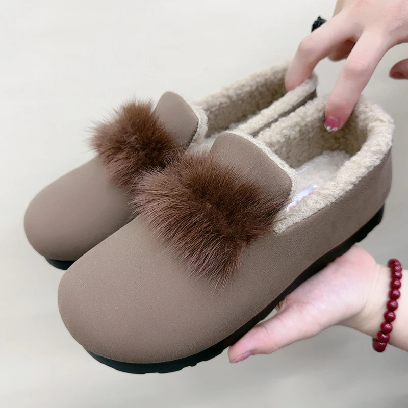 毛毛鞋女冬季加绒加厚老北京布鞋软底时尚豆豆棉鞋一脚蹬保暖女鞋