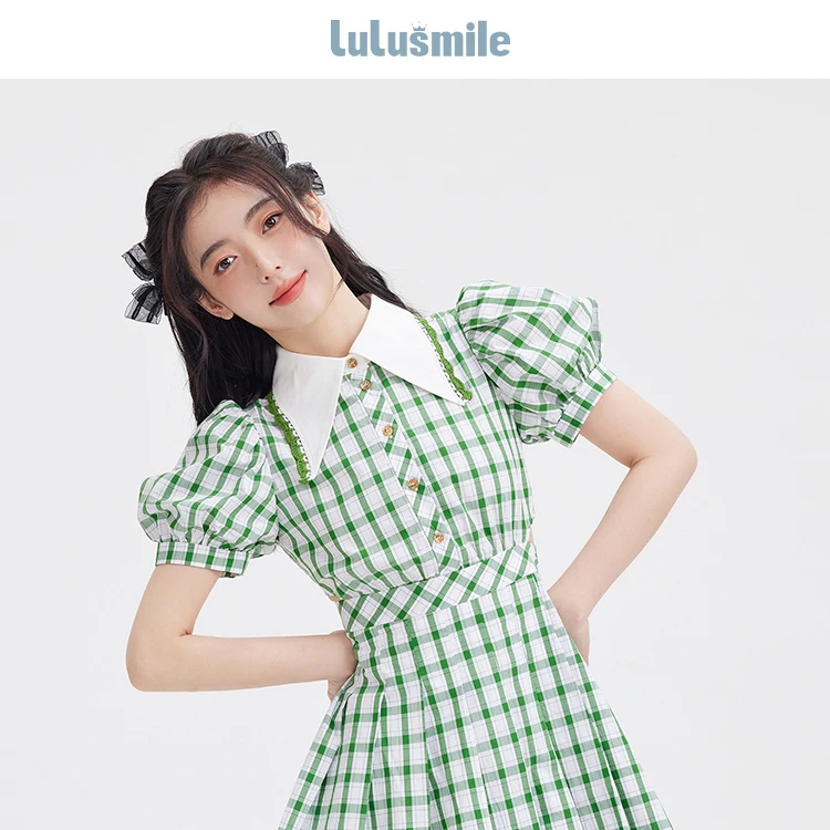 lulusmile复古大尖领格纹灯笼袖连衣裙