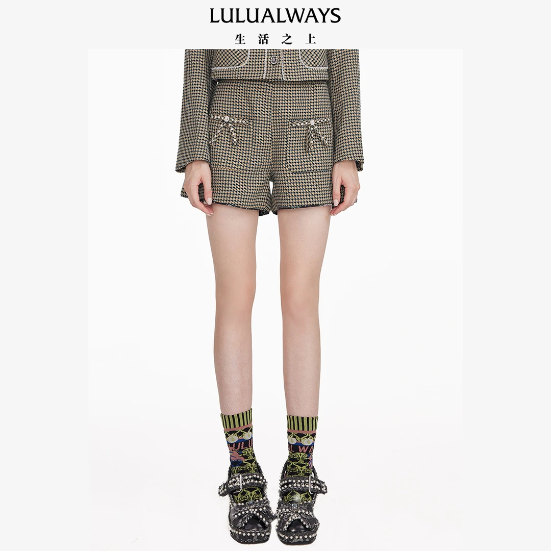 LULUALWAYS【商场同款】新款高腰显瘦设计感千鸟格短裤阔腿直筒裤