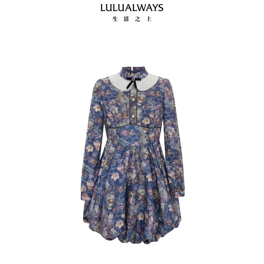 LULUALWAYS我爱露露24冬季新款复古甜美优雅印花灯笼裙连衣裙短款