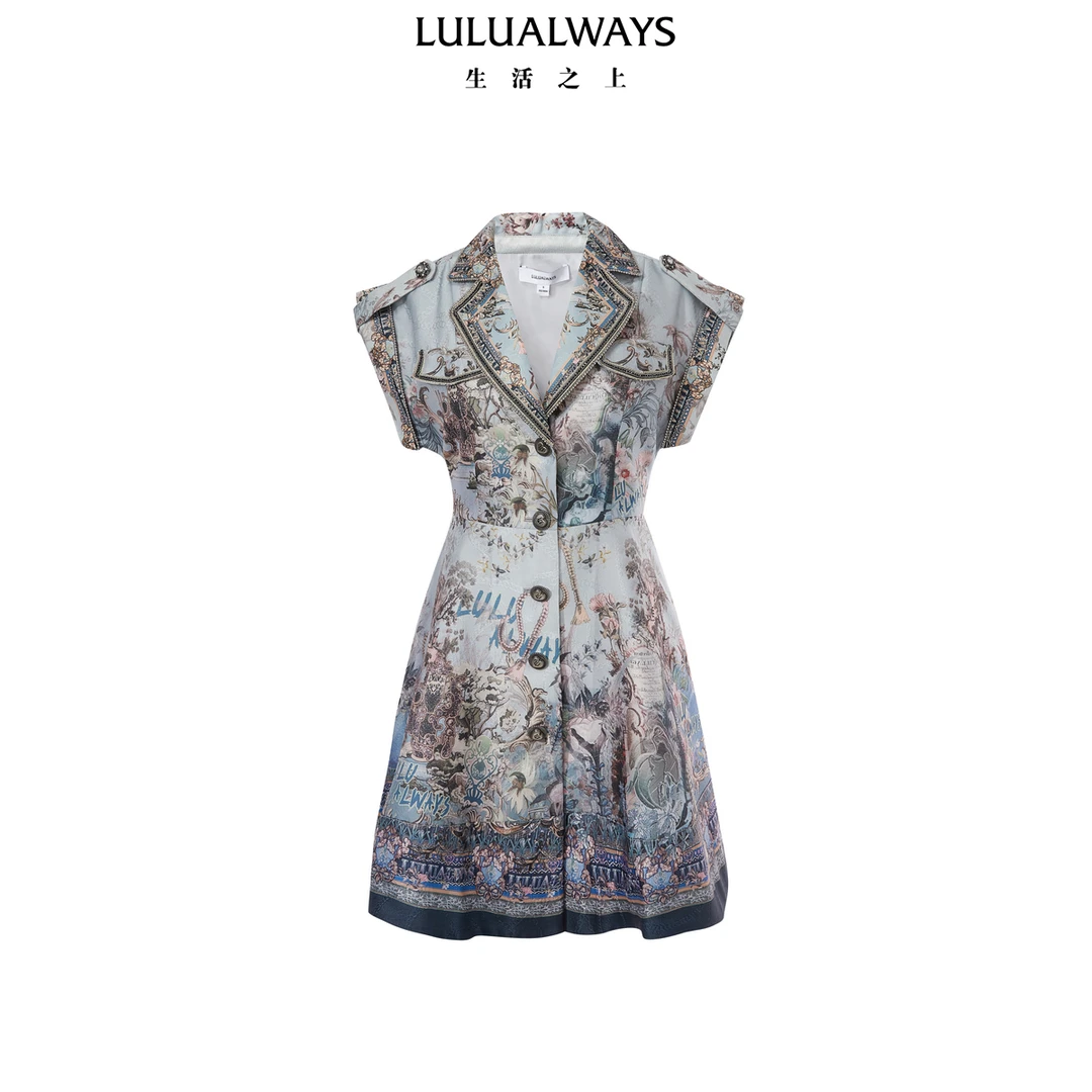 LULUALWAYS 24秋季新款西装领单排扣泡泡提花连衣裙女LPC5022