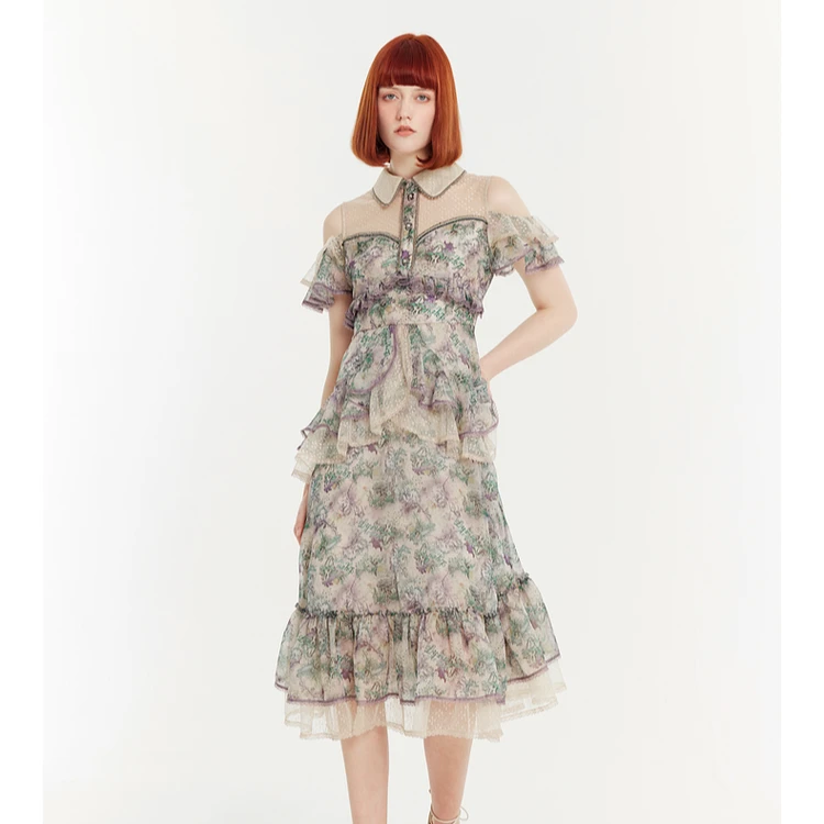 LULUALWAYS【商场同款】24夏季新款拼接长款碎花法式连衣裙LPB5051