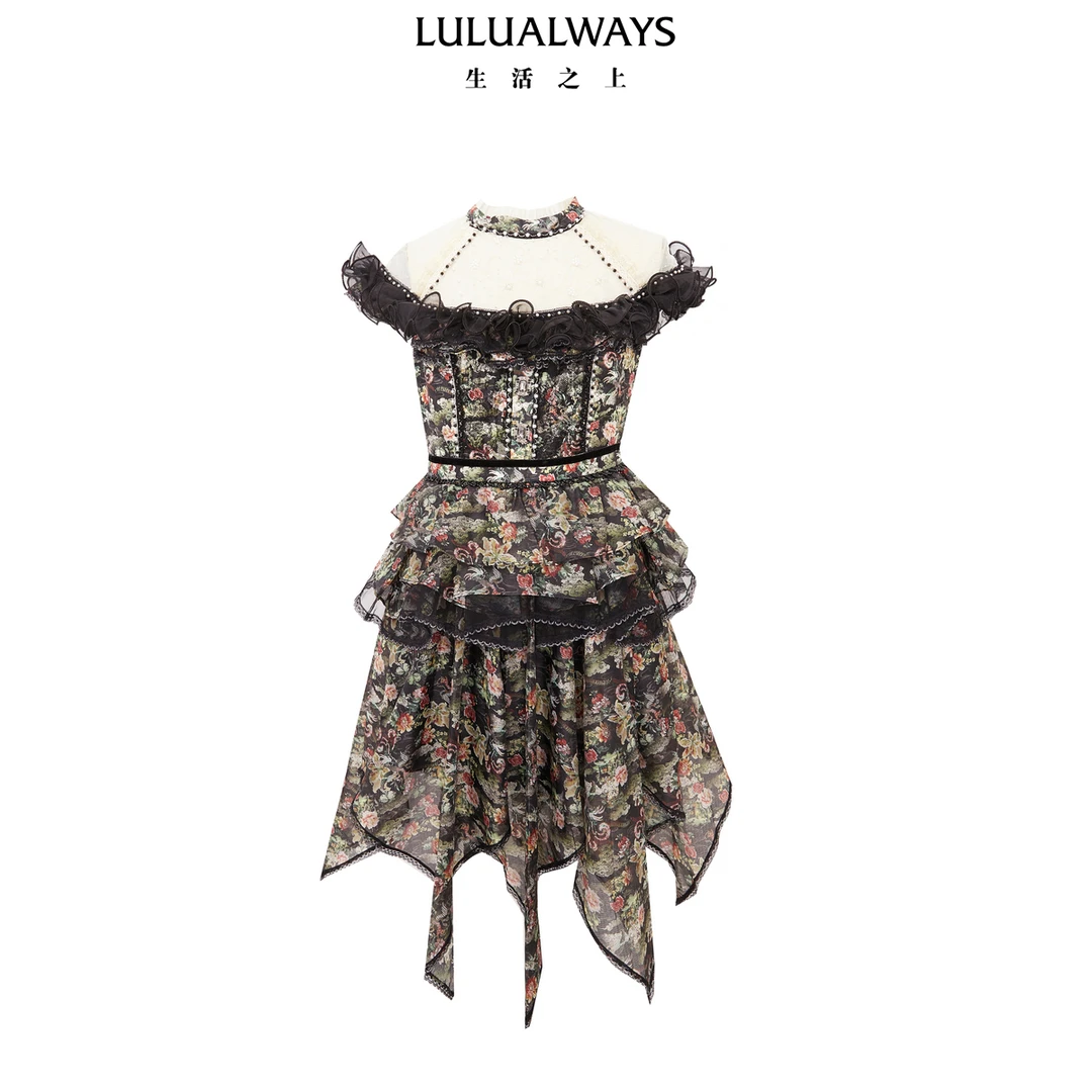 LULUALWAYS【商场同款】24冬季新款复古设计感一字肩欧根纱连衣裙