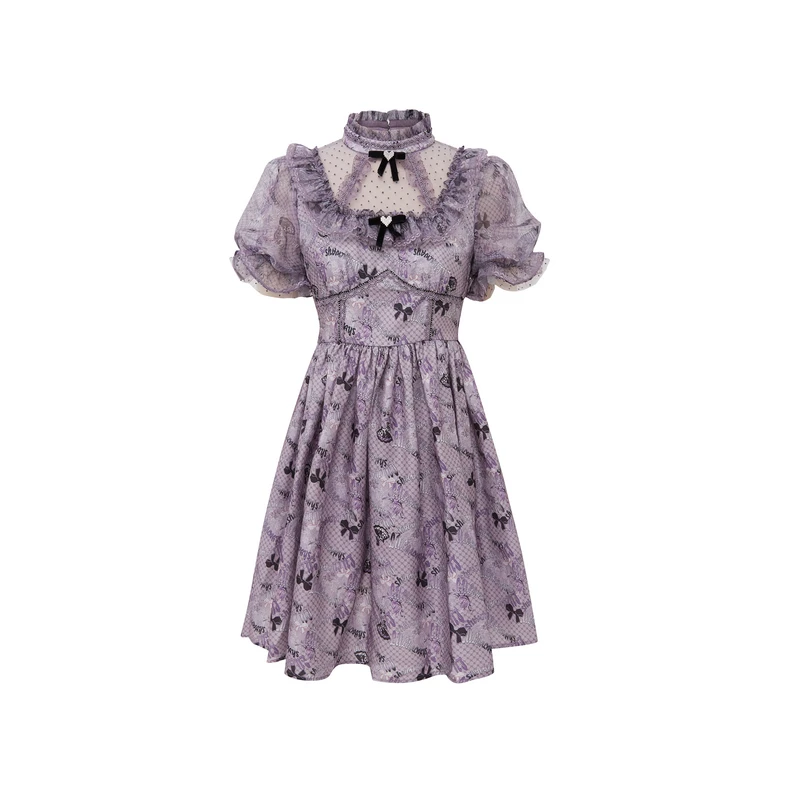 LULUALWAYS24夏季新款法式复古蝴蝶结短款连衣裙