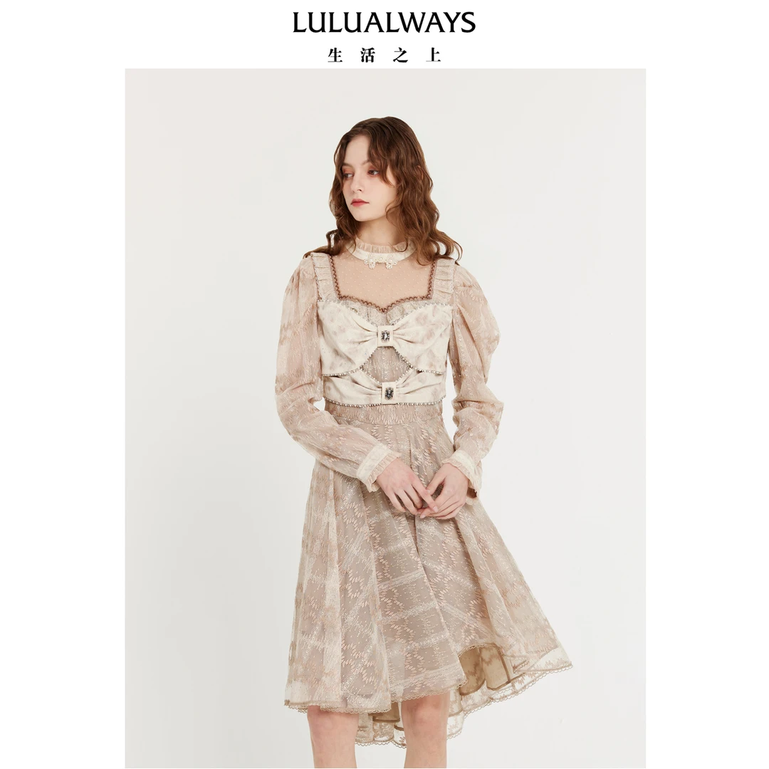 LULUALWAYS24春季端庄温婉气质不规则蕾丝连衣裙LPA5071