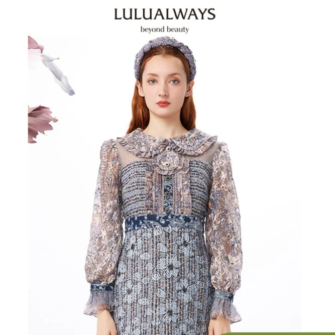 LULUALWAYS冬季法式绣花拼接粗纺蕾丝显瘦收腰女装连衣裙LMD5029