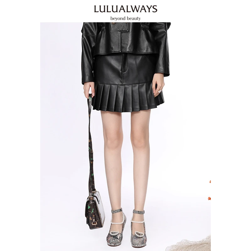 lulualways秋季复古显瘦洋气时尚短款高腰百褶半身裙小皮裙