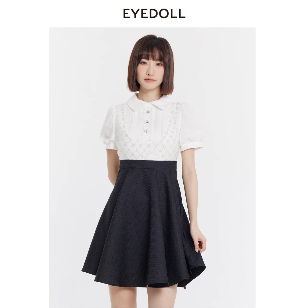 EYEDOLL【商场同款】24夏季新款娃娃领绣珠拼接收腰连衣裙EPB512K