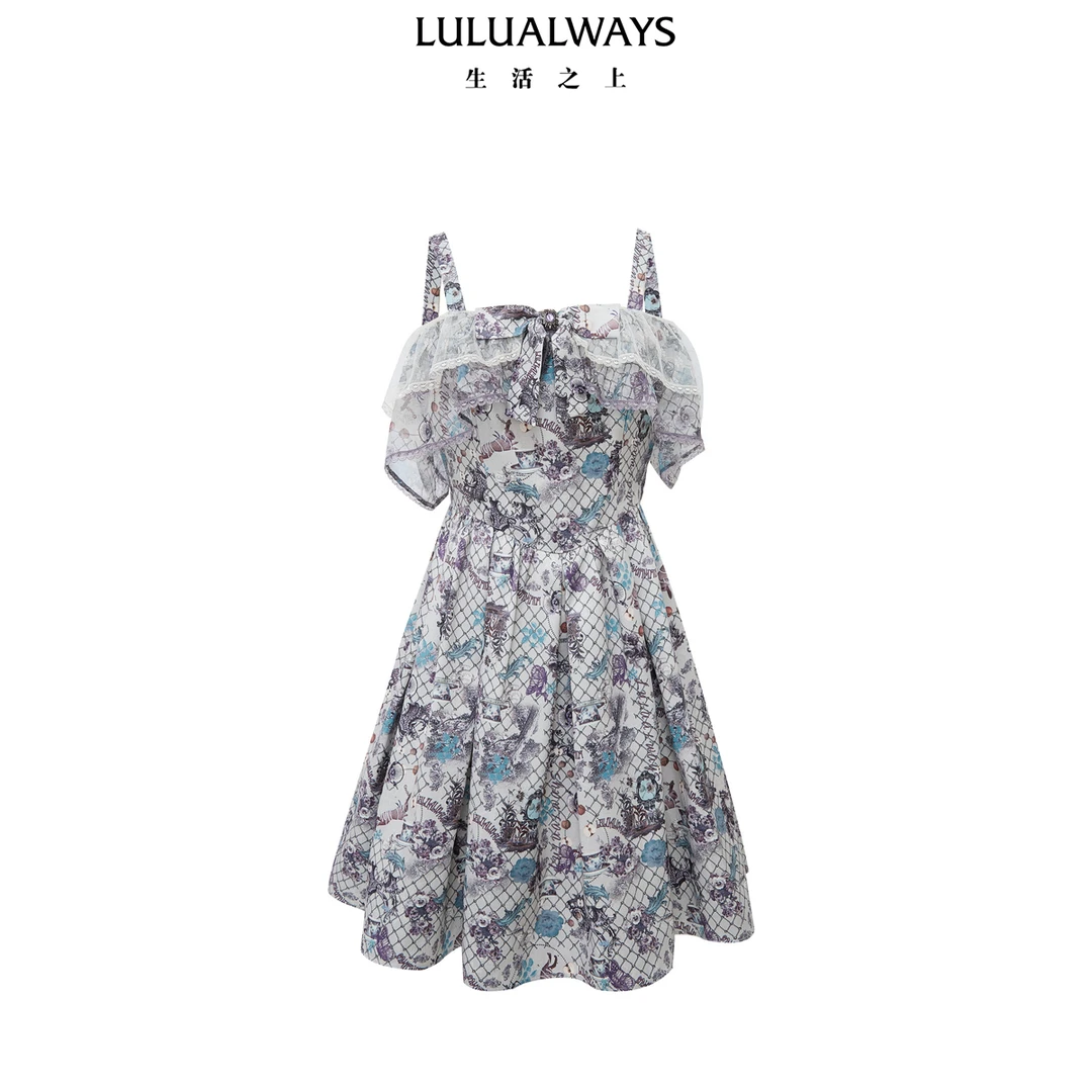 lulualways24夏新款轻熟风露肩轻奢法式印花设计师连衣裙OPB5008