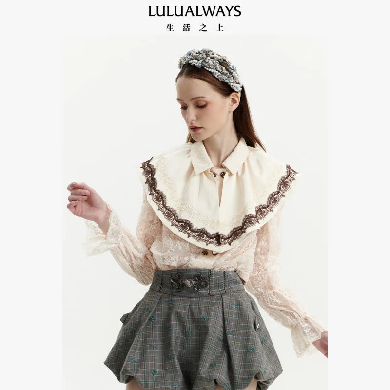 lulualways 新款大翻领时尚秋冬设计感气质长袖蕾丝米色衬衫上衣