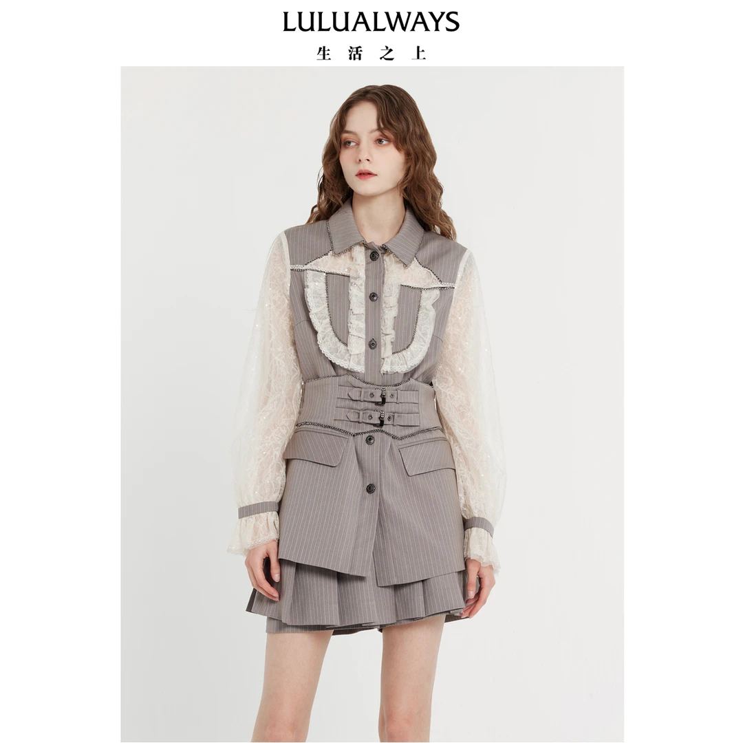 LULUALWAYS24春季复古优雅别致蕾丝拼接翻领外套LPA1060