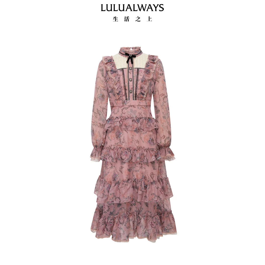 LULUALWAYS24秋季新款法式蛋糕裙长款印花连衣裙OPC5008