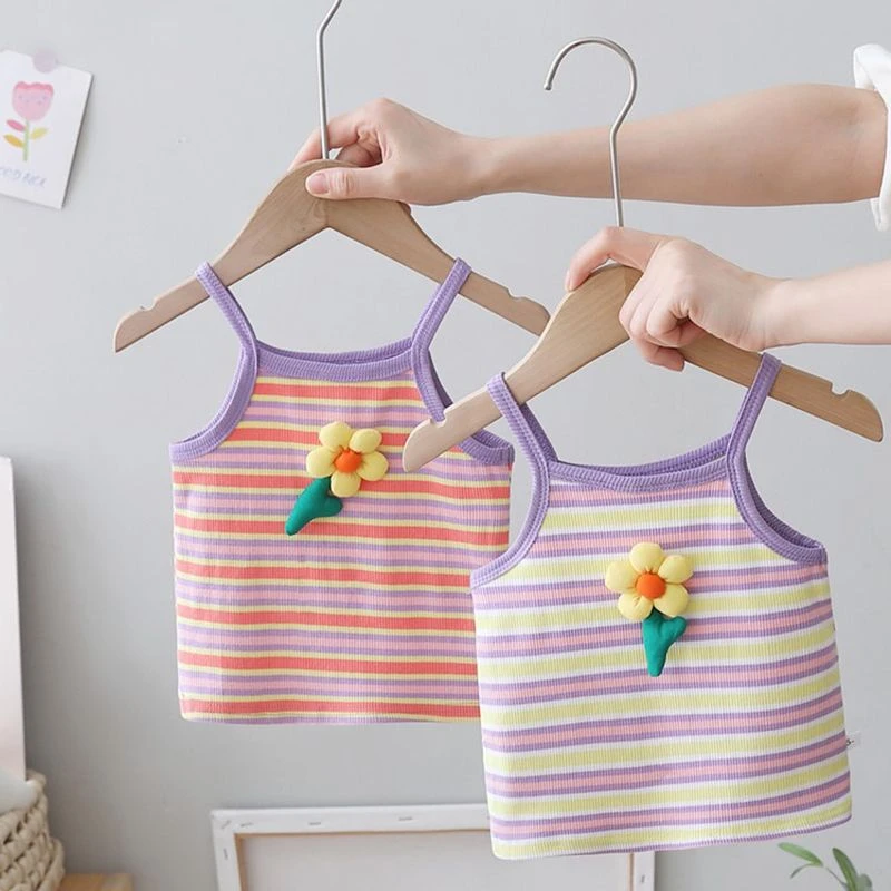 女宝宝花朵吊带衫洋气夏季新款女童彩虹条纹背心薄款上衣百搭时髦