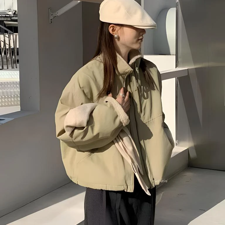 羊羔毛短款派克服2025秋冬新款韩系休闲宽松小个子棉服外套