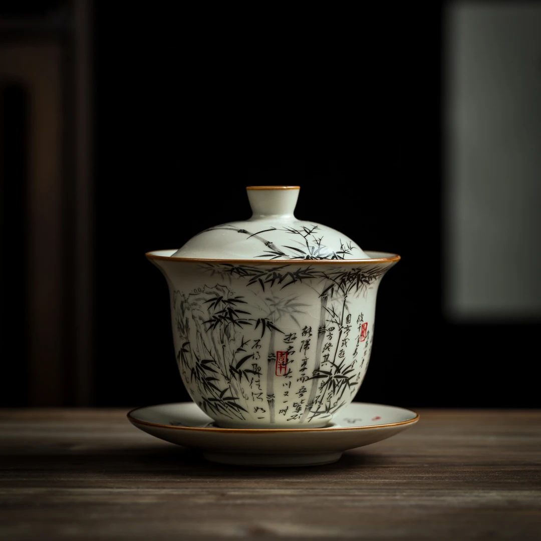 盈山米黄汝窑墨竹高档三才盖碗中式防烫复古功夫茶具带盖泡茶碗