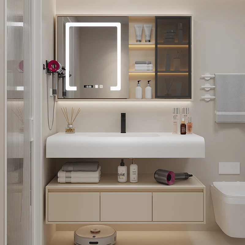 【奶油风-圆弧一体盆】智能酒店风浴室柜组合洗漱台卫生间洗脸盆