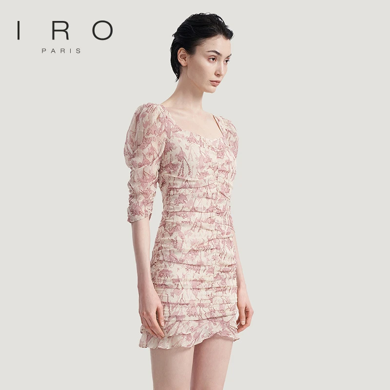 IRO Night【钟楚曦同款】夏季款碎花捏褶修身方领粉法式连衣裙