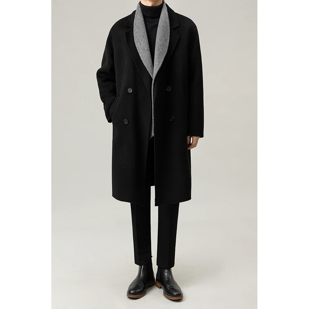 浩南专属-韩版羊毛假两件双面呢大衣男新款都市中长款外套男潮