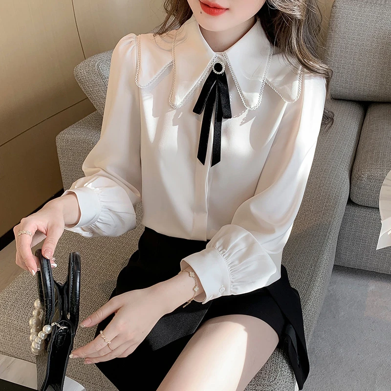 法式甜美娃娃领衬衫长袖2024春秋新款小个子女款衬衣雪纺衫上衣服